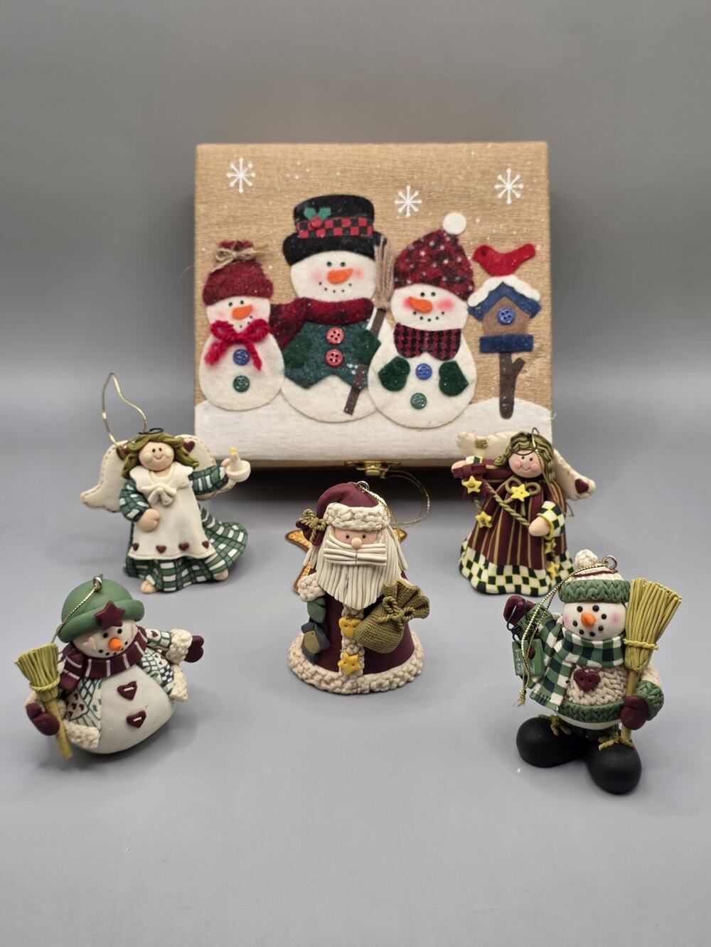 Vintage Christmas Ornament Lot Resin Santa Angels Snowman Handmade Box